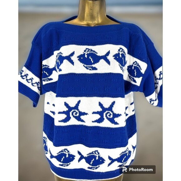 Y2K Fashion Formulas Fish Cropped Sweater L Starfish Nautical Striped Resort - Picture 7 of 7